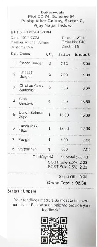 Customer bill receipt with totals, tax breakdown and feedback QR
