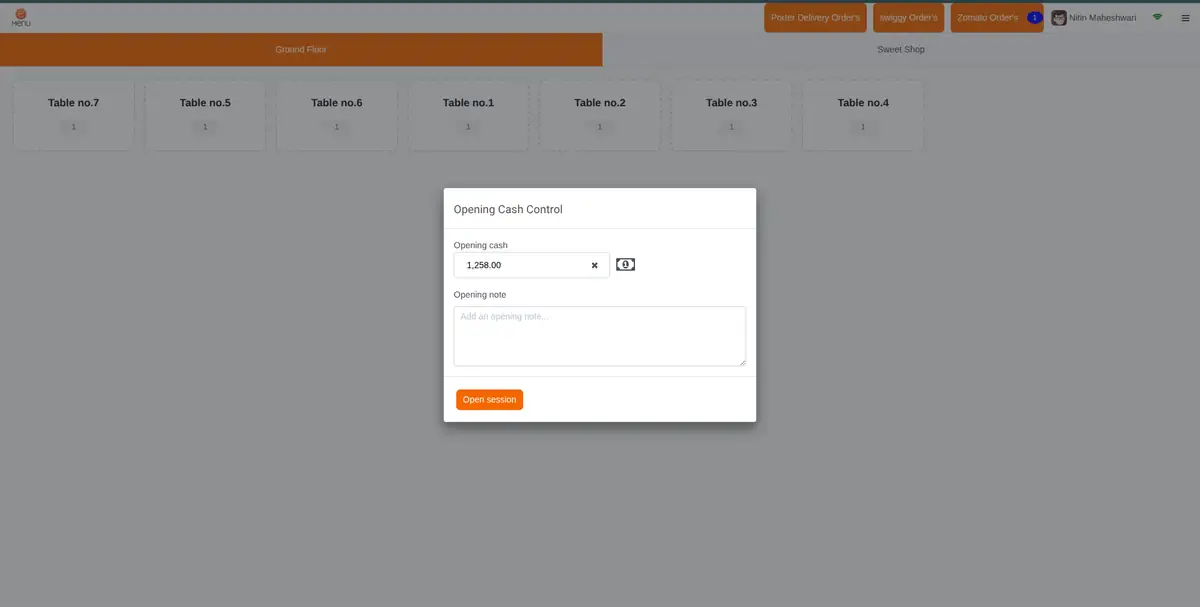 Opening cash control modal — opening cash 1,258.00 with note field