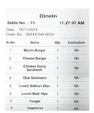 Printed KOT for DineIn Table 5 with item names, qty and instructions