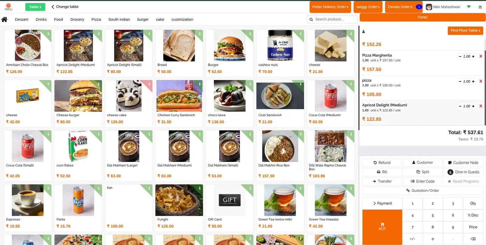 Online eMenu POS terminal — table, products, cart and KOT