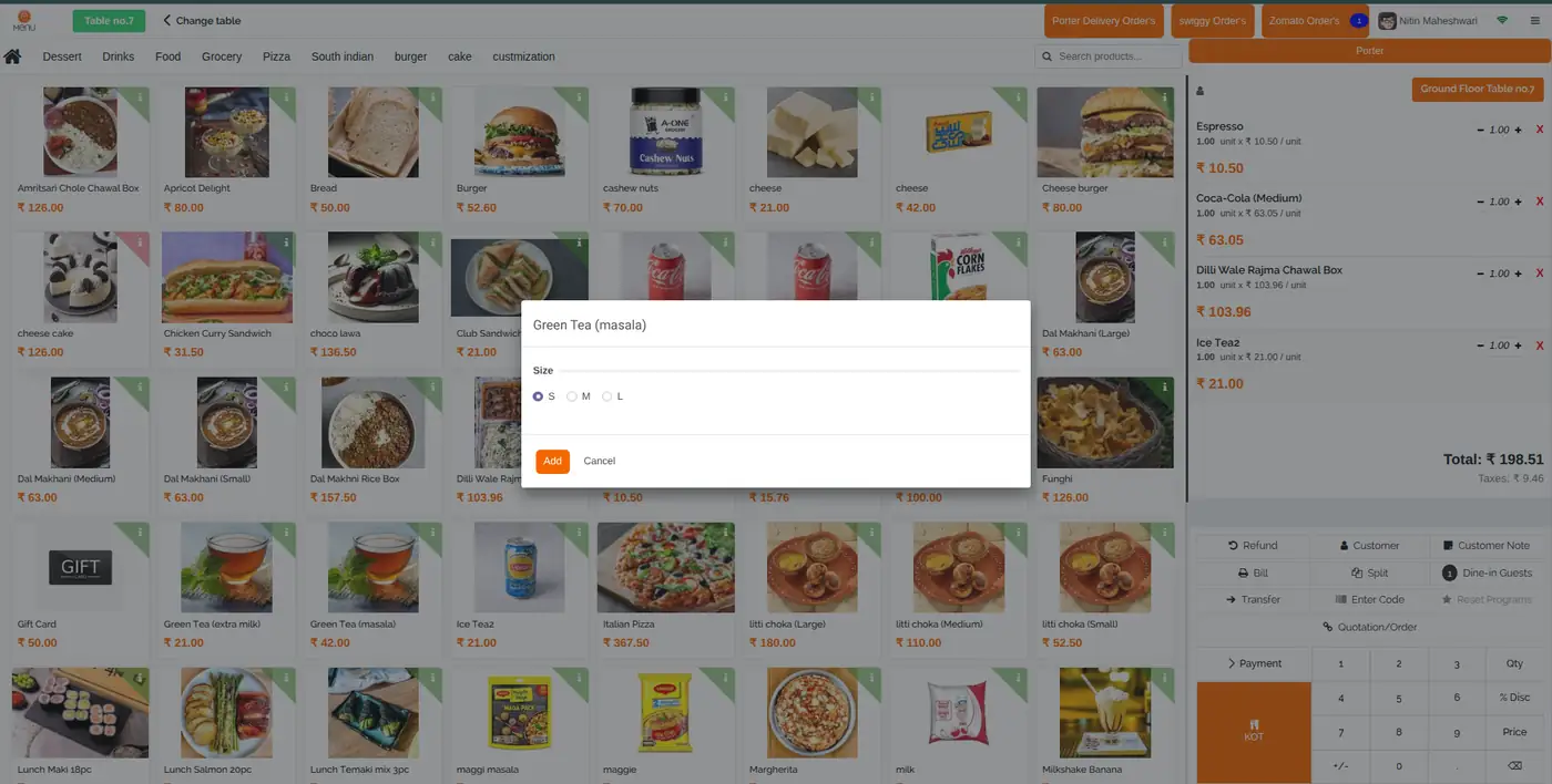 POS with size selector modal for Green Tea — S, M, L variants